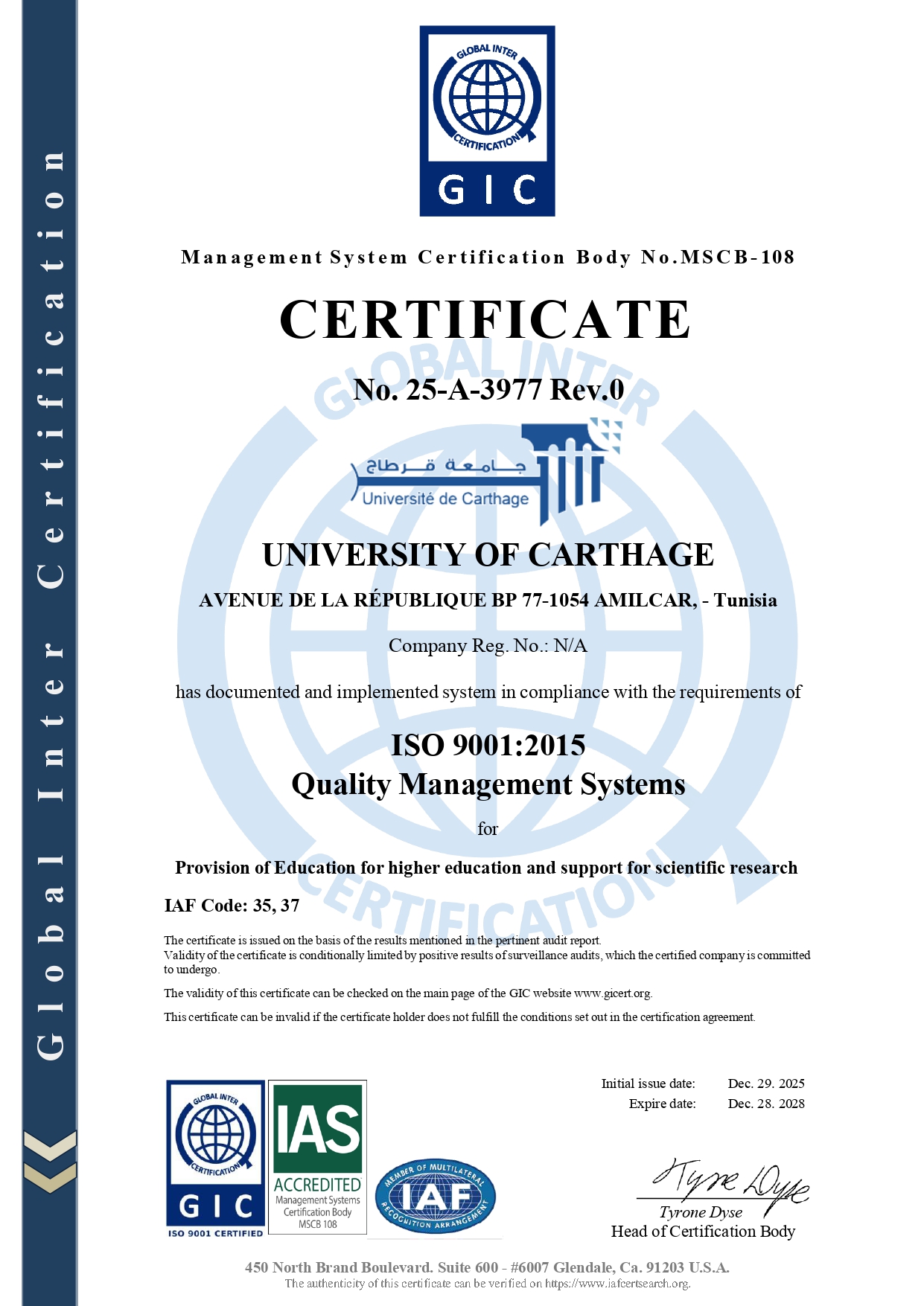University of Carthage Officially ISO 9001:2015 Certified