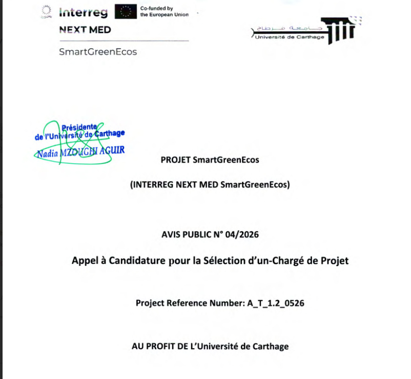 PROJET SmartGreenEcos (INTERREG NEXT MED SmartGreenEcos)AVIS PUBLIC N° 04/2026 Appel à Candidature pour la Sélection d’un-Chargé de Projet